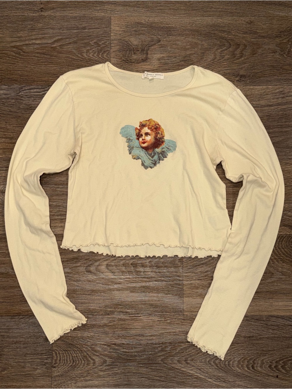 Truly Madly Deeply Cream Long-Sleeve Crop Top with Angel Graphic